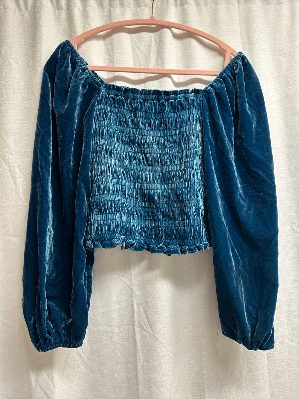 Anthropologie Teal Blue Velvet Smocked Crop Top